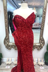 Asymmetrical Burgundy Sequin Strapless Mermaid Long Prom Dress with Slit