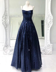 Long Navy Blue Sequin Prom Dress