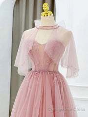 Pink Tulle Tea Length Prom Dress, Pink Tulle Formal Dress