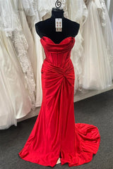 Red Strapless Pleated Mermaid Twist Knot Long Prom Dress with Slit