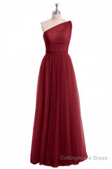 Wine Red Tulle One-Shoulder A-Line Bridesmaid Dress