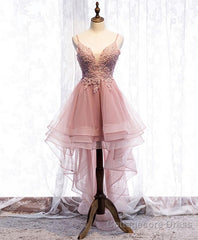 Pink Tulle Lace High Low Prom Dress, Pink Homecoming Dress, 1