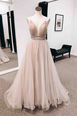 Blushing Pink A-line Plunging V Neck Tulle Long Prom Dress with Beaded Sash