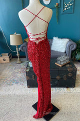 Red Sequin Cowl Neck Lace-Up Back High-Low Prom Dress