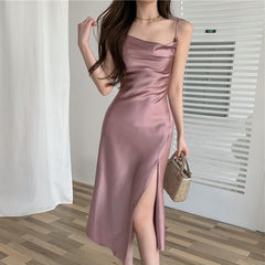 Summer Women Sexy Party Dress High Slit Spaghetti Strap Vintage Pink Long Satin Slip Dress Plus Size