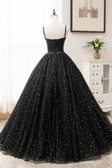 Black Tulle Long A-Line Long Prom Dresses, Black Evening Party Dresses