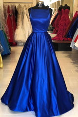 Hollow Out Royal Blue Satin Long Prom Dress