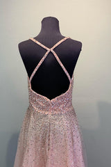 A-line V-Neck Sequin Long Pink Prom Dress