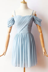 Pleated Short Blue Chiffon Party Dress