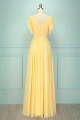 Elegant V Neck Pleated Yellow Bridesmaid Dress with Ruffles