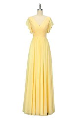 Elegant V Neck Pleated Yellow Bridesmaid Dress with Ruffles