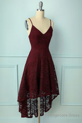 Spaghetti Strap High-Low Burgundy Lace Bridesmaid Dress