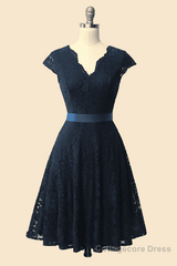 A-Line Cap Sleeve Navy Blue Bridesmaid Dress with Belt