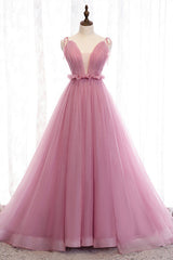 Deep V-Neck Pink Tulle Formal Dress