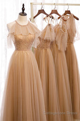 A-Line Beaded Champagne Tulle Bridesmaid Dress