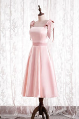 Knee Length Pink Satin Party Dress with Tie Shoulders