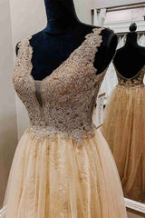 A-Line Champagne Tulle Formal Dress with Appliques