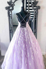 Elegant Straps Lace Appliques Lavender Prom Dress