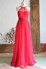 A-Line Halter Hot Pink Long Bridesmaid Dress