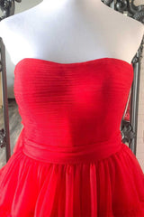 Strapless High Low Tiered Red Tulle Prom Dress