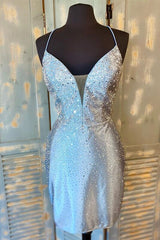 Tight Silver Beaded Short Homecoming Dress