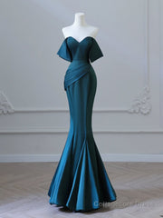 Simple Off Shoulder Satin Ink Blue Long Prom Dress, Ink Blue Long Formal Dress