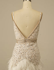 Gorgeous White Spaghetti Straps Beaded Homecoming Dress With Feather