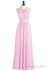 Pink Chiffon Halter Sleeveless A-Line Long Bridesmaid Dress