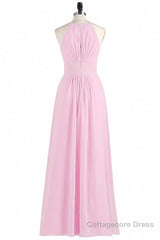 Pink Chiffon Halter Sleeveless A-Line Long Bridesmaid Dress