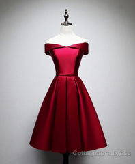 Simple Satin Burgundy Short Prom Dress, Burgundy Homecoming Dress