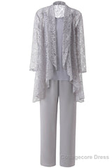 Three-Piece Grey Lace Mother of the Bride Pant Suits