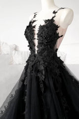 Black Tulle Lace Long Prom Dress, Black Formal Graduation Dress