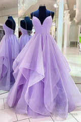 Purple V Neck Sleeveless A Line Tulle Sequin Prom Dresses