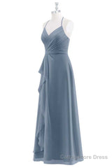 Dusty Blue Chiffon Halter Backless Ruffled Long Bridesmaid Dress