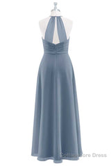 Dusty Blue Chiffon Halter Backless Ruffled Long Bridesmaid Dress