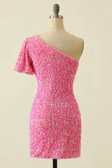 Pink Sequin One-Sleeve Bodycon Homecoming Dress