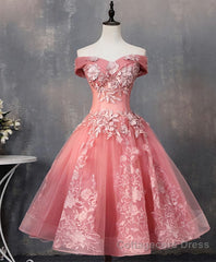 Pink Tulle Lace Off Shoulder Short Prom Dress, Pink Homecoming Dress