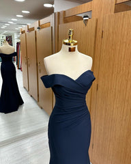 Long Mermaid Prom Dress Navy Blue Off-the-shoulder Sweetheart Sleeveless