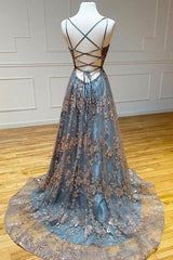 A-line Tulle Straps Sequins Lace Prom Dress Split Evening Dress