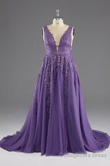 A-line V-Neck Lace Appliques Long Prom Dress