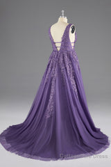 A-line V-Neck Lace Appliques Long Prom Dress