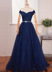 2025 Blue Floor-Length/Long A-Line/Princess Off-the-Shoulder Beading Tulle Prom Dresses