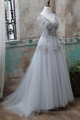 Grey V-Neckline Tulle With Lace Long Formal Dress, Grey A-Line Prom Dress