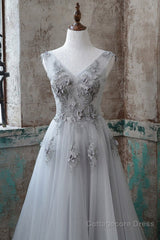 Grey V-Neckline Tulle With Lace Long Formal Dress, Grey A-Line Prom Dress