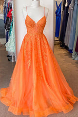 A Line V Neck Orange Lace Long Prom Dress, Orange Lace Formal Dress, Orange Evening Dress