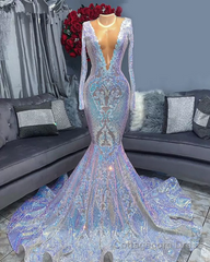 Hot Sparkle Sequin V neck Long sleeves Mermaid Prom Dresses