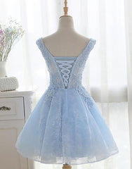 Light Blue Cute V Neckline Lace Short Party Dress, Lace Formal Dress, Lace Party Dresses, B0622