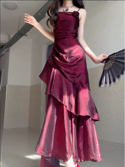 Wine Red Satin Long Straps Prom Dress Wine Red A-line Party Dress