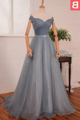 2025 Blue Floor-Length/Long A-Line/Princess Off-the-Shoulder Beading Tulle Prom Dresses