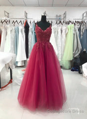 Wine Red Tulle Straps Lace Applique Long Formal Dress, Wine Red Prom Dress